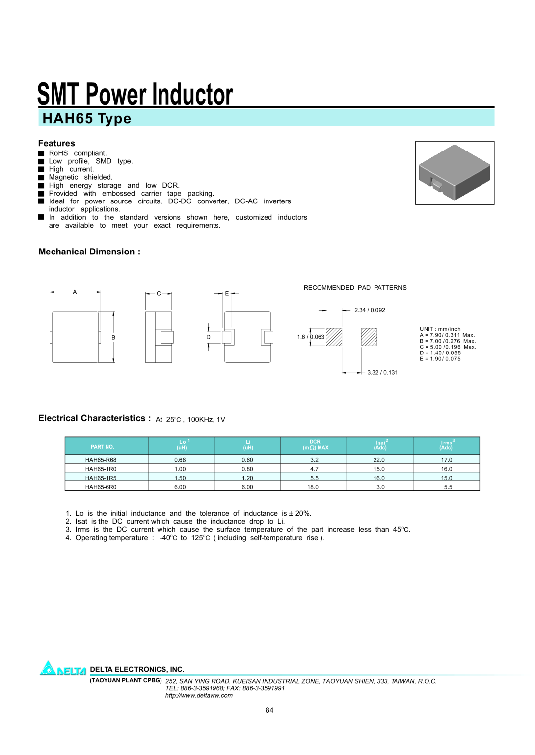 Delta Electronics manual SMT Power Inductor, HAH65 Type, Features, Mechanical Dimension, Delta Electronics, Inc 