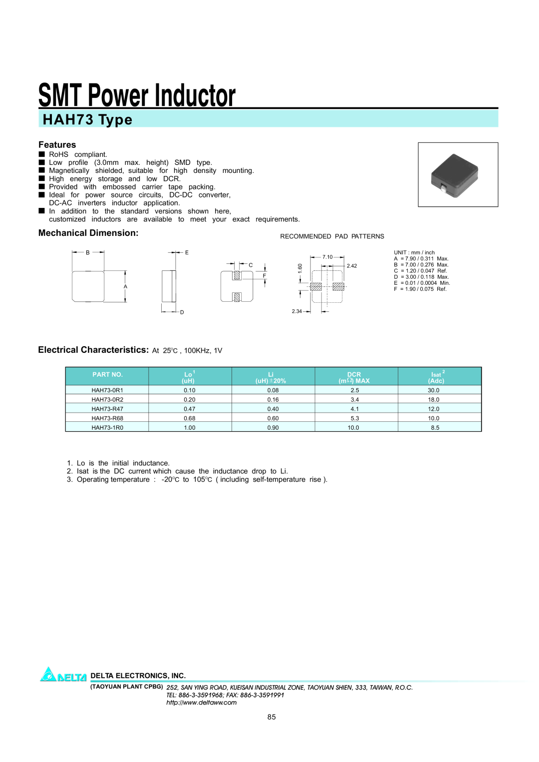 Delta Electronics manual SMT Power Inductor, HAH73 Type, Features, Mechanical Dimension, Delta Electronics, Inc 