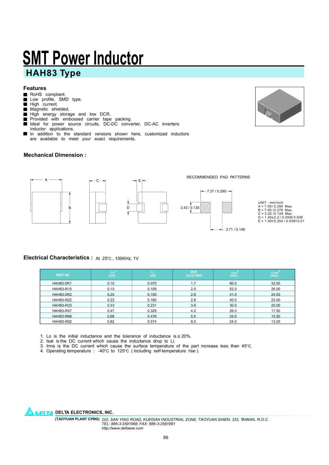 Delta Electronics manual SMT Power Inductor, HAH83 Type, Features, Mechanical Dimension, Delta Electronics, Inc 