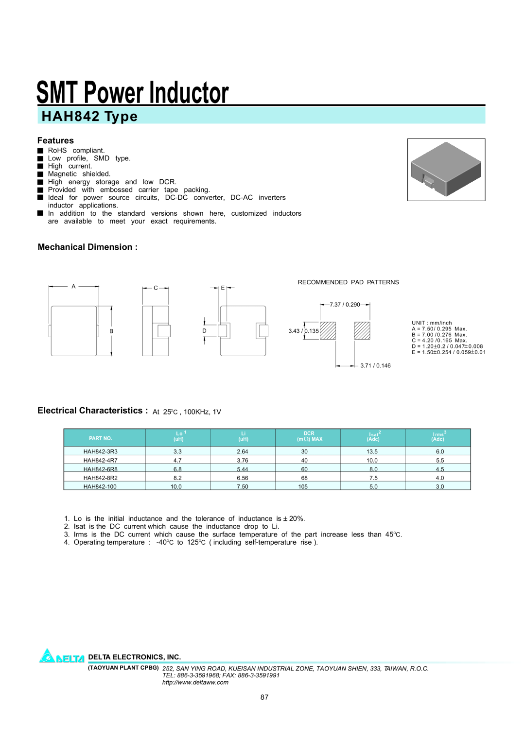 Delta Electronics manual SMT Power Inductor, HAH842 Type, Features, Mechanical Dimension, Delta Electronics, Inc 