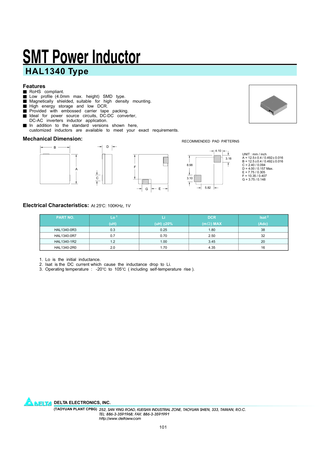 Delta Electronics manual SMT Power Inductor, HAL1340 Type, Features, Mechanical Dimension, Delta Electronics, Inc 
