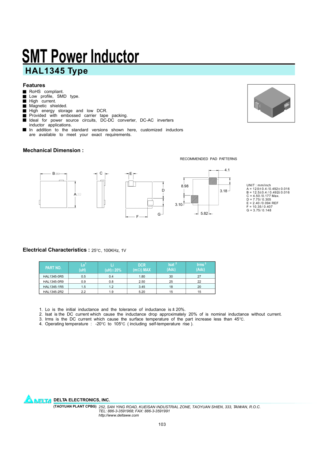 Delta Electronics manual SMT Power Inductor, HAL1345 Type, Features, Mechanical Dimension, Isat, Irms, uH 20% 