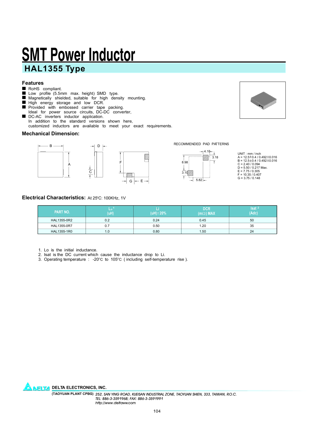 Delta Electronics manual SMT Power Inductor, HAL1355 Type, Features, Mechanical Dimension 