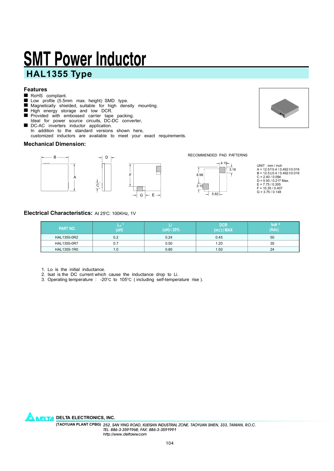 Delta Electronics manual SMT Power Inductor, HAL1355 Type, Features, Mechanical Dimension, Isat, uH 20%, m MAX 