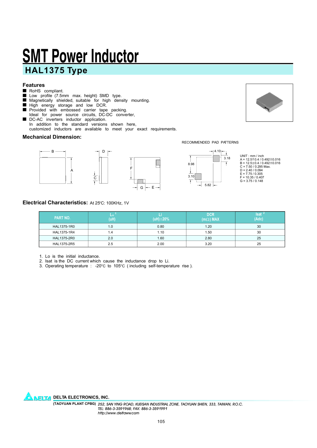 Delta Electronics manual SMT Power Inductor, HAL1375 Type, Features, Mechanical Dimension, Isat, uH 20%, m MAX 