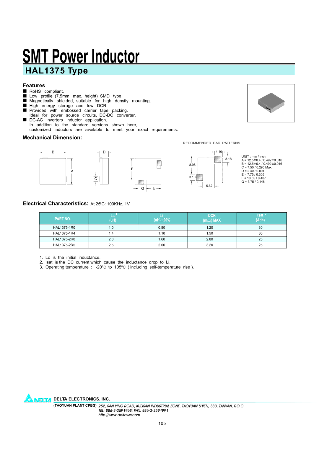 Delta Electronics manual SMT Power Inductor, HAL1375 Type, Features, Mechanical Dimension 