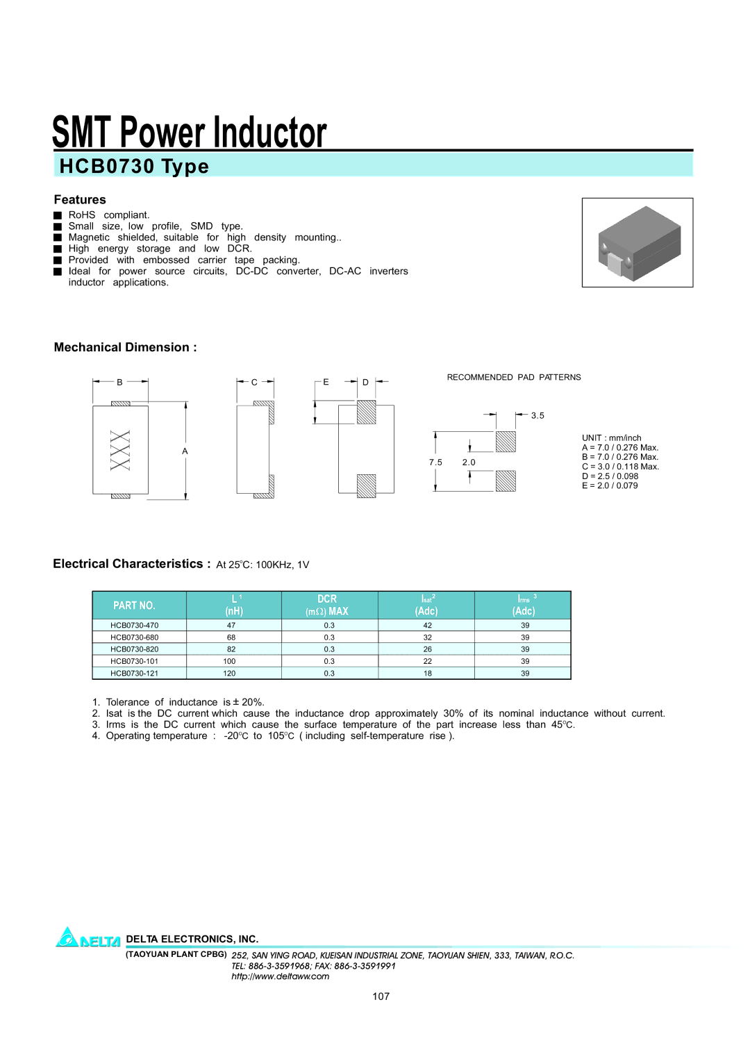 Delta Electronics manual SMT Power Inductor, HCB0730 Type, Features, Mechanical Dimension 