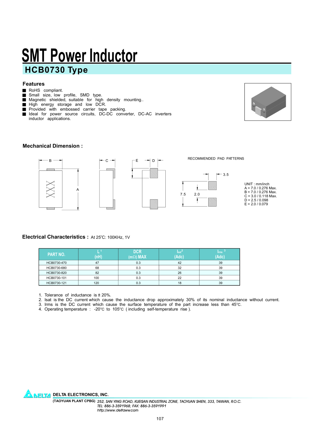 Delta Electronics manual SMT Power Inductor, HCB0730 Type, Features, Mechanical Dimension, Delta Electronics, Inc 