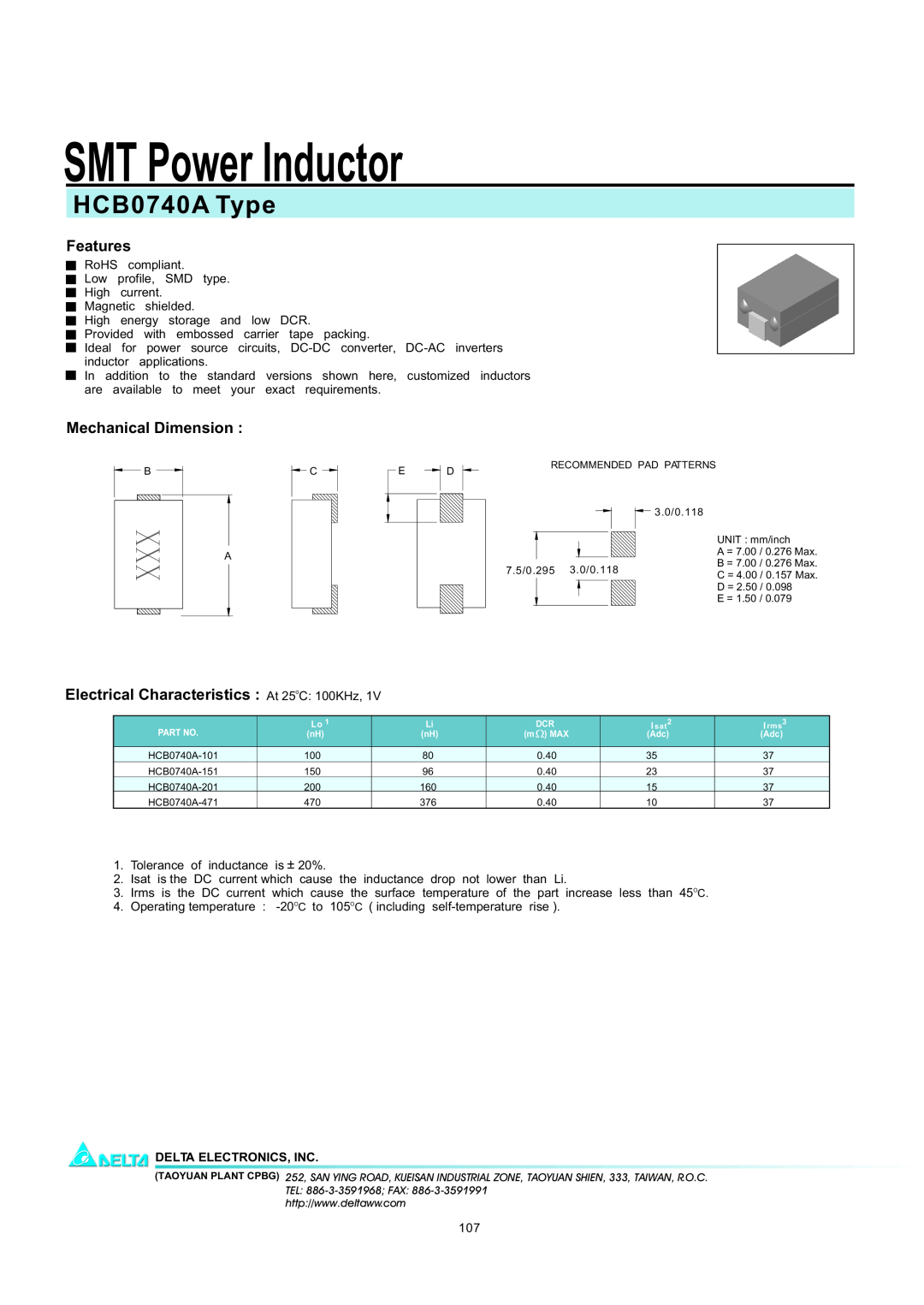 Delta Electronics manual SMT Power Inductor, HCB0740A Type, Features, Mechanical Dimension, Delta Electronics, Inc 