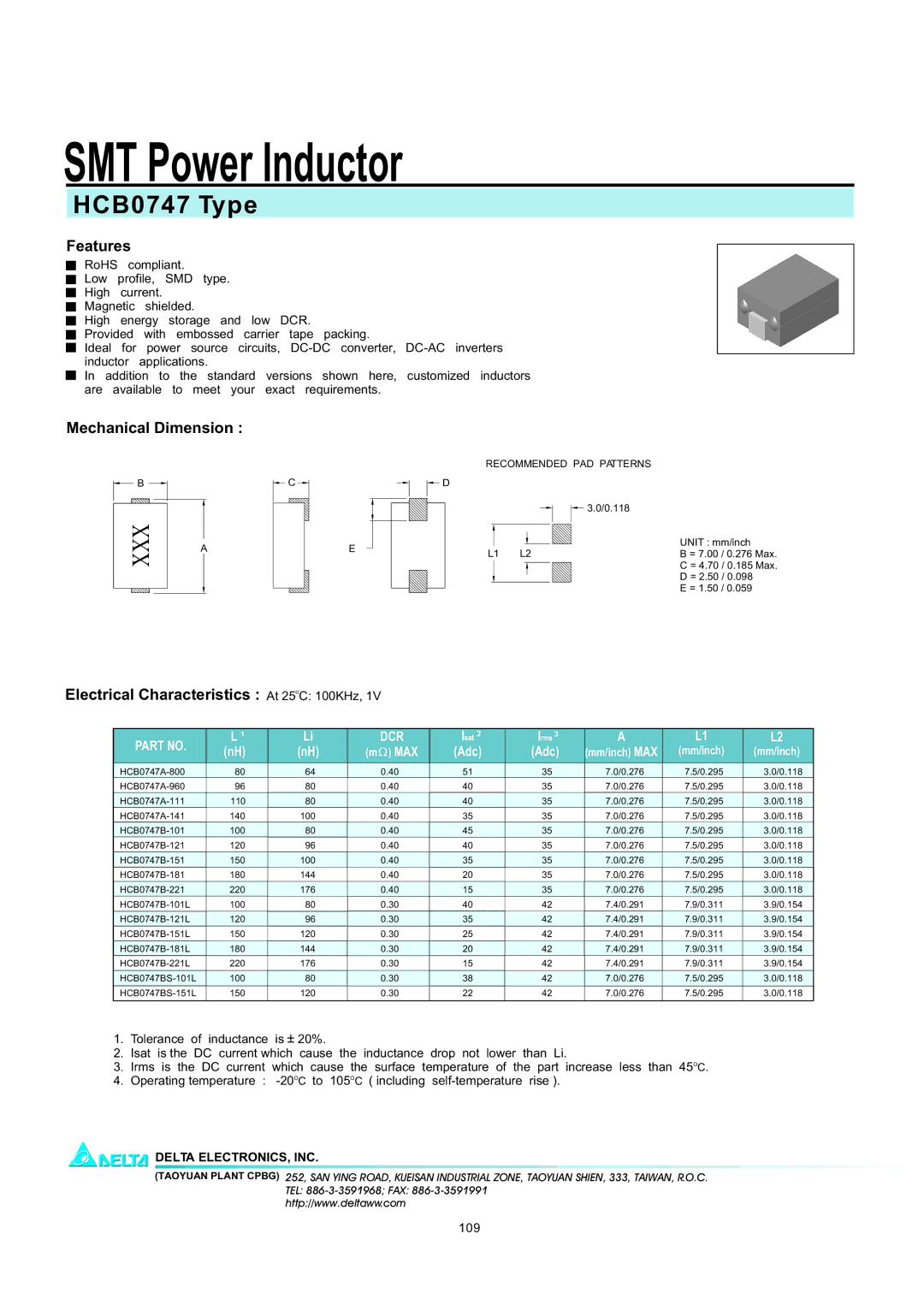 Delta Electronics manual SMT Power Inductor, HCB0747 Type, Xxx 