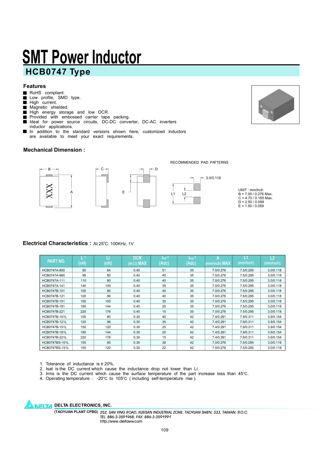 Delta Electronics manual SMT Power Inductor, HCB0747 Type, Features, Mechanical Dimension, Delta Electronics, Inc 