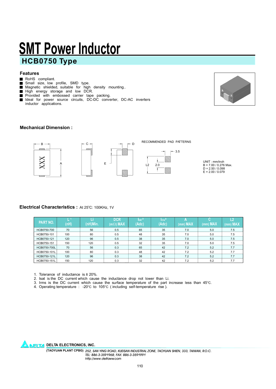 Delta Electronics manual SMT Power Inductor, HCB0750 Type, Xxx 