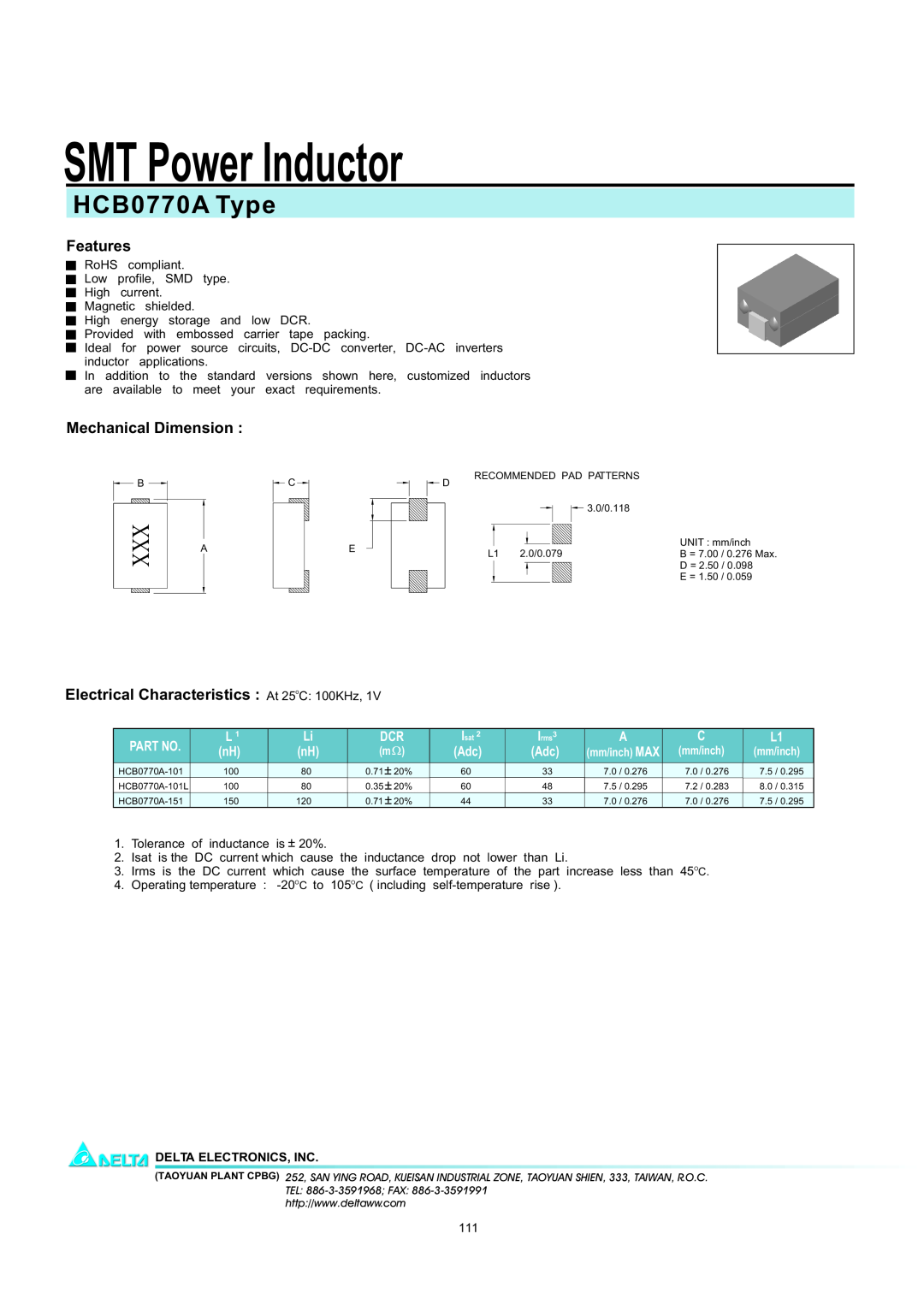 Delta Electronics manual SMT Power Inductor, HCB0770A Type, Features, Mechanical Dimension, Delta Electronics, Inc 