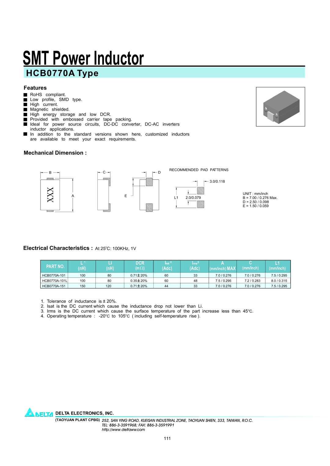 Delta Electronics manual SMT Power Inductor, HCB0770A Type, Xxx 