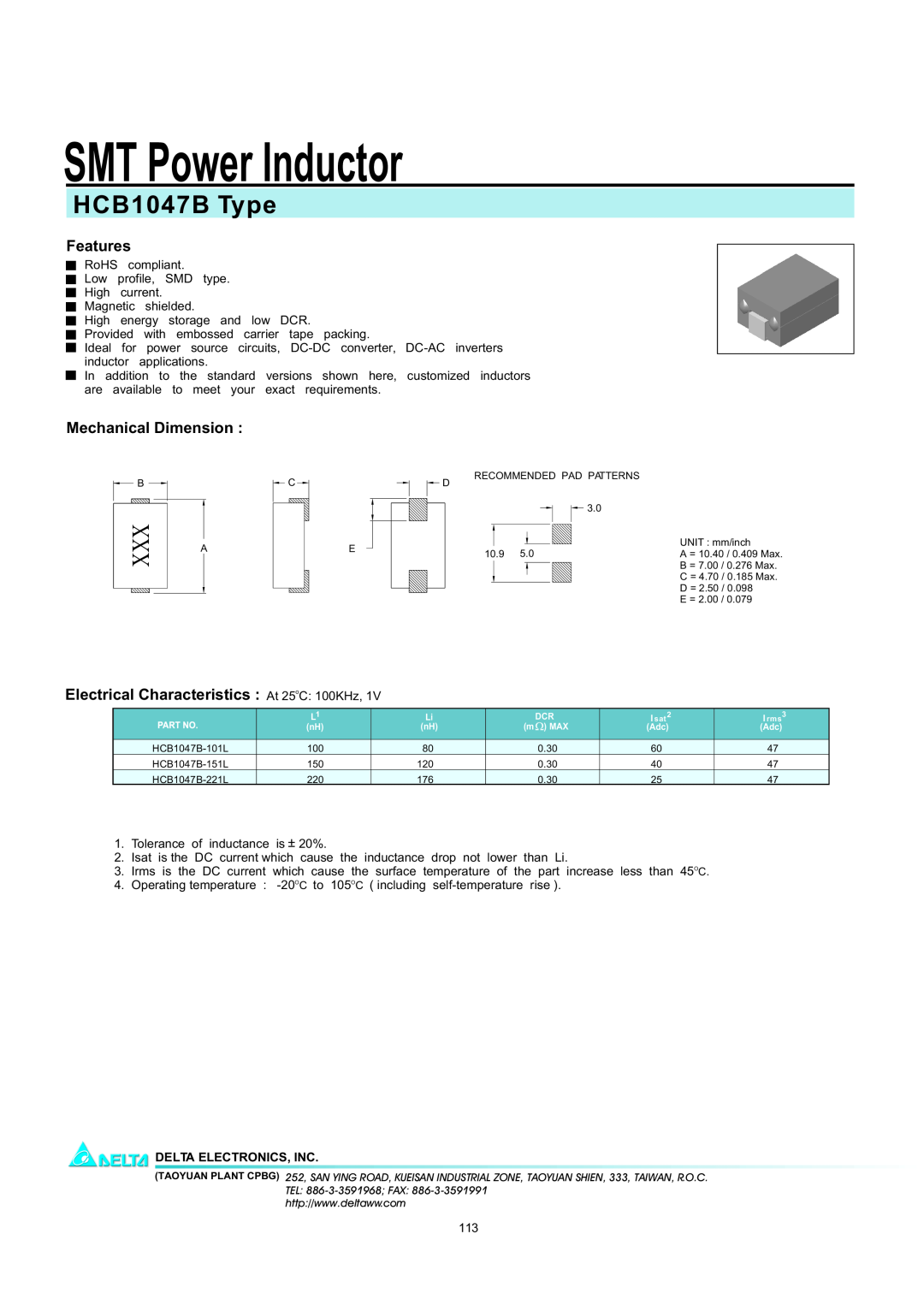 Delta Electronics manual SMT Power Inductor, HCB1047B Type, Features, Mechanical Dimension, Delta Electronics, Inc 