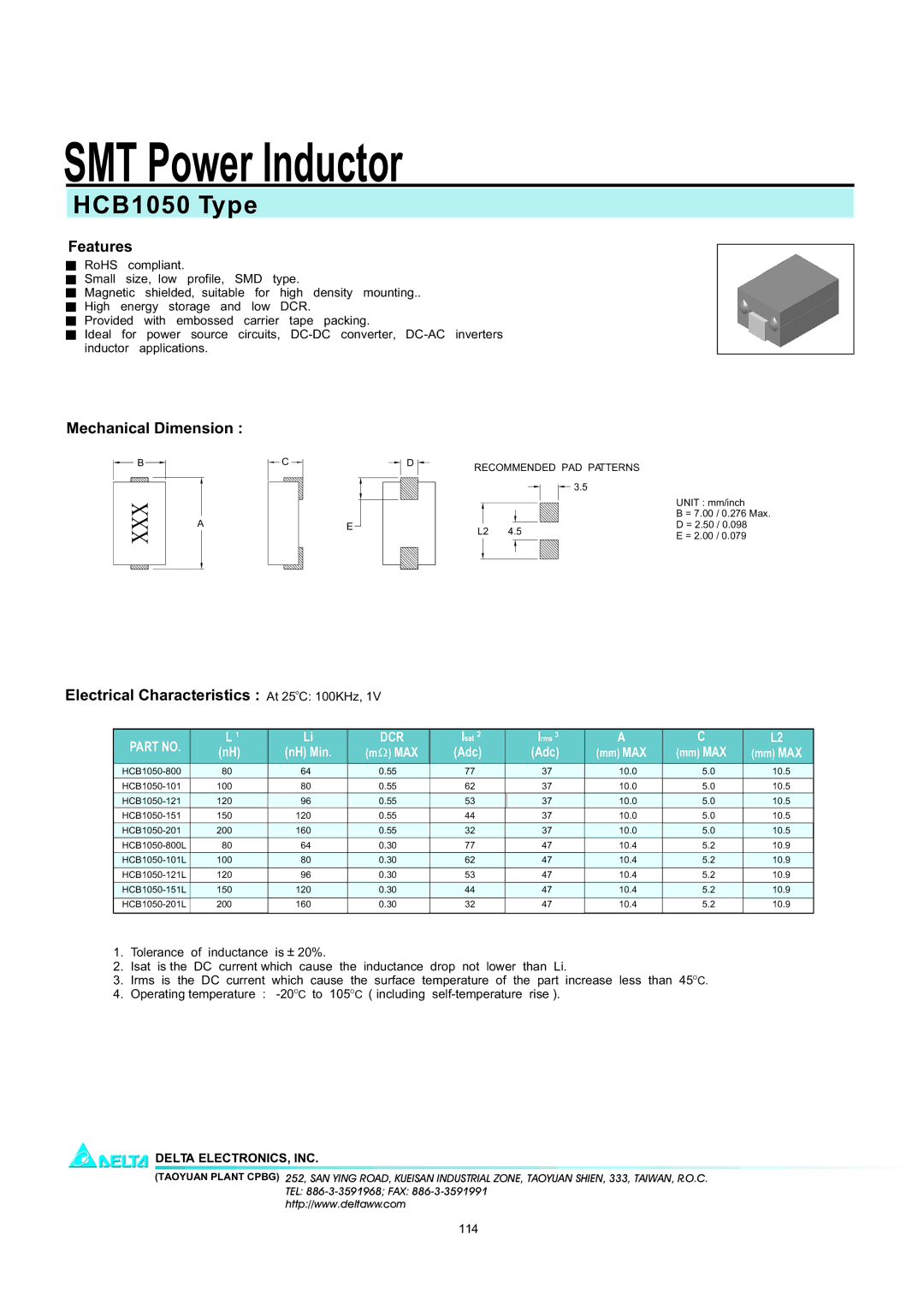 Delta Electronics manual SMT Power Inductor, HCB1050 Type, Xxx 