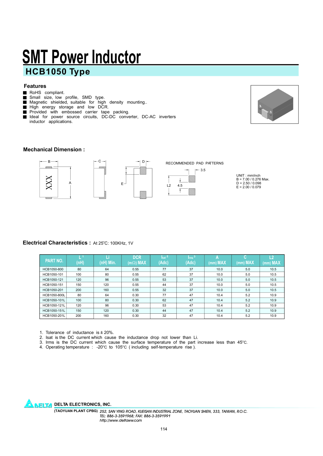 Delta Electronics manual SMT Power Inductor, HCB1050 Type, Features, Mechanical Dimension, Delta Electronics, Inc 