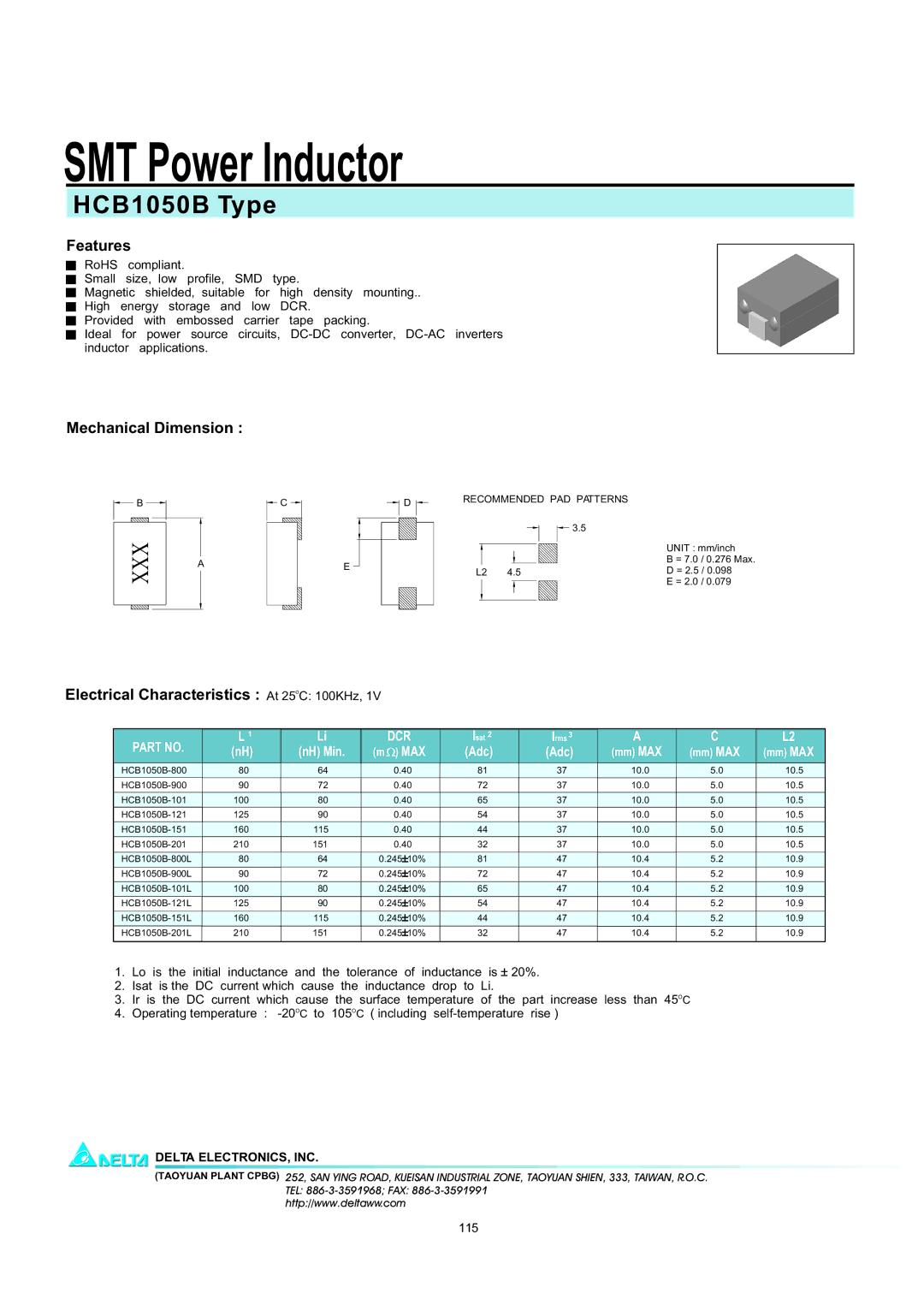 Delta Electronics manual SMT Power Inductor, HCB1050B Type, Features, Mechanical Dimension 