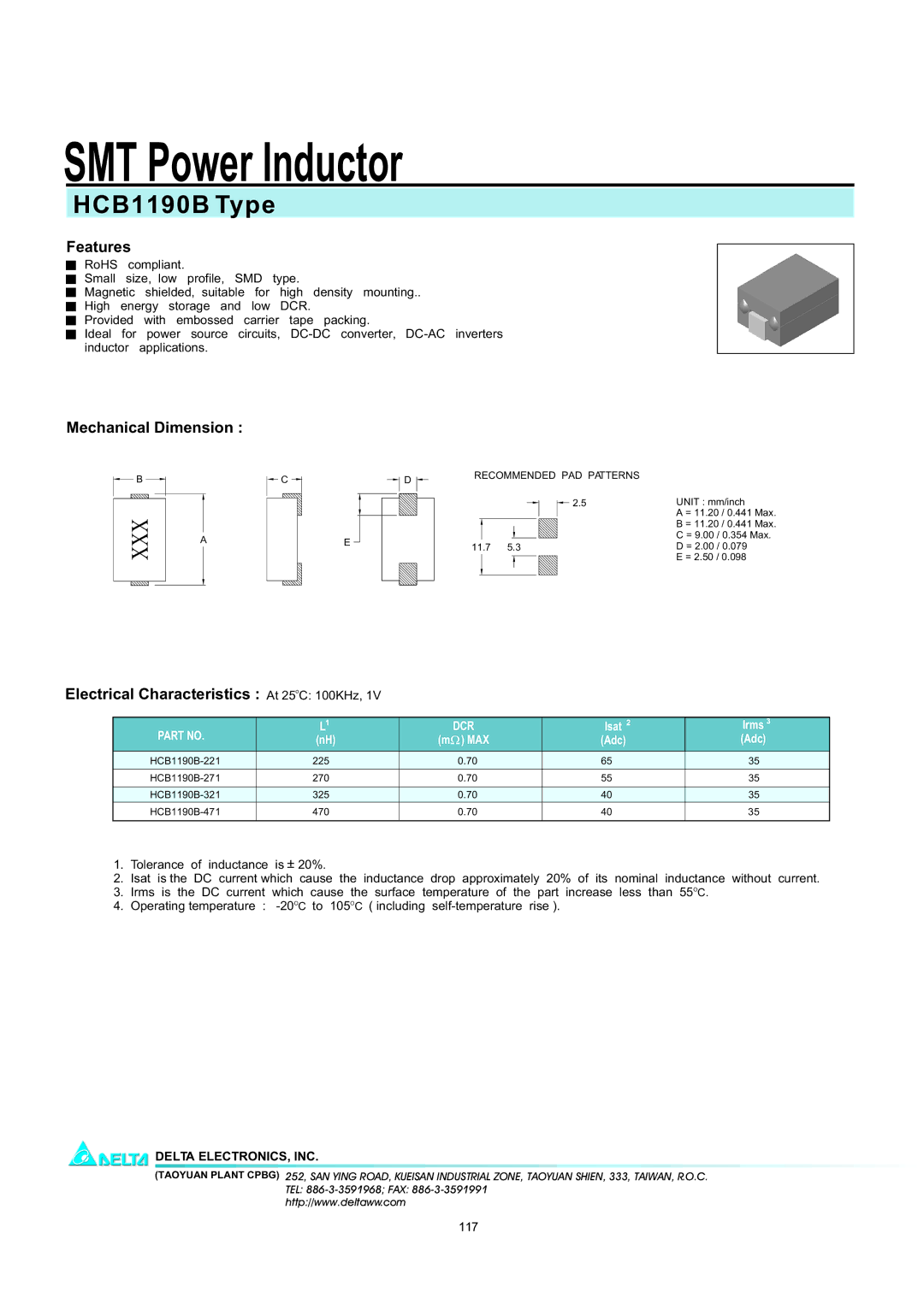 Delta Electronics manual SMT Power Inductor, HCB1190B Type, Features, Mechanical Dimension 