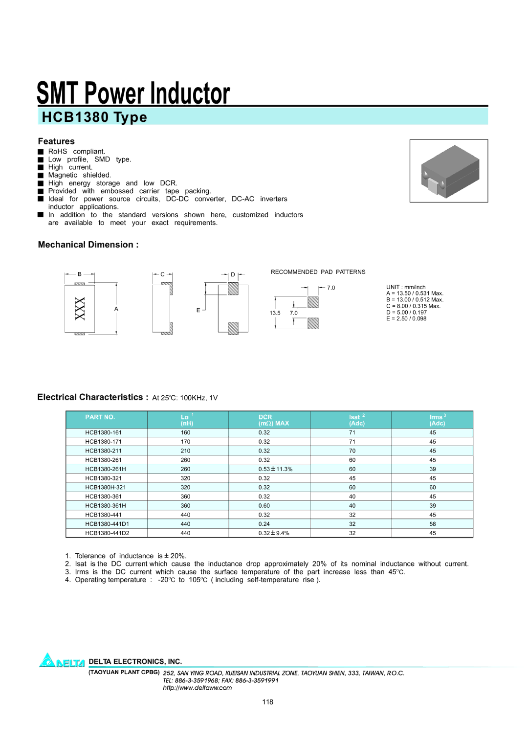 Delta Electronics manual SMT Power Inductor, HCB1380 Type, Features, Mechanical Dimension 