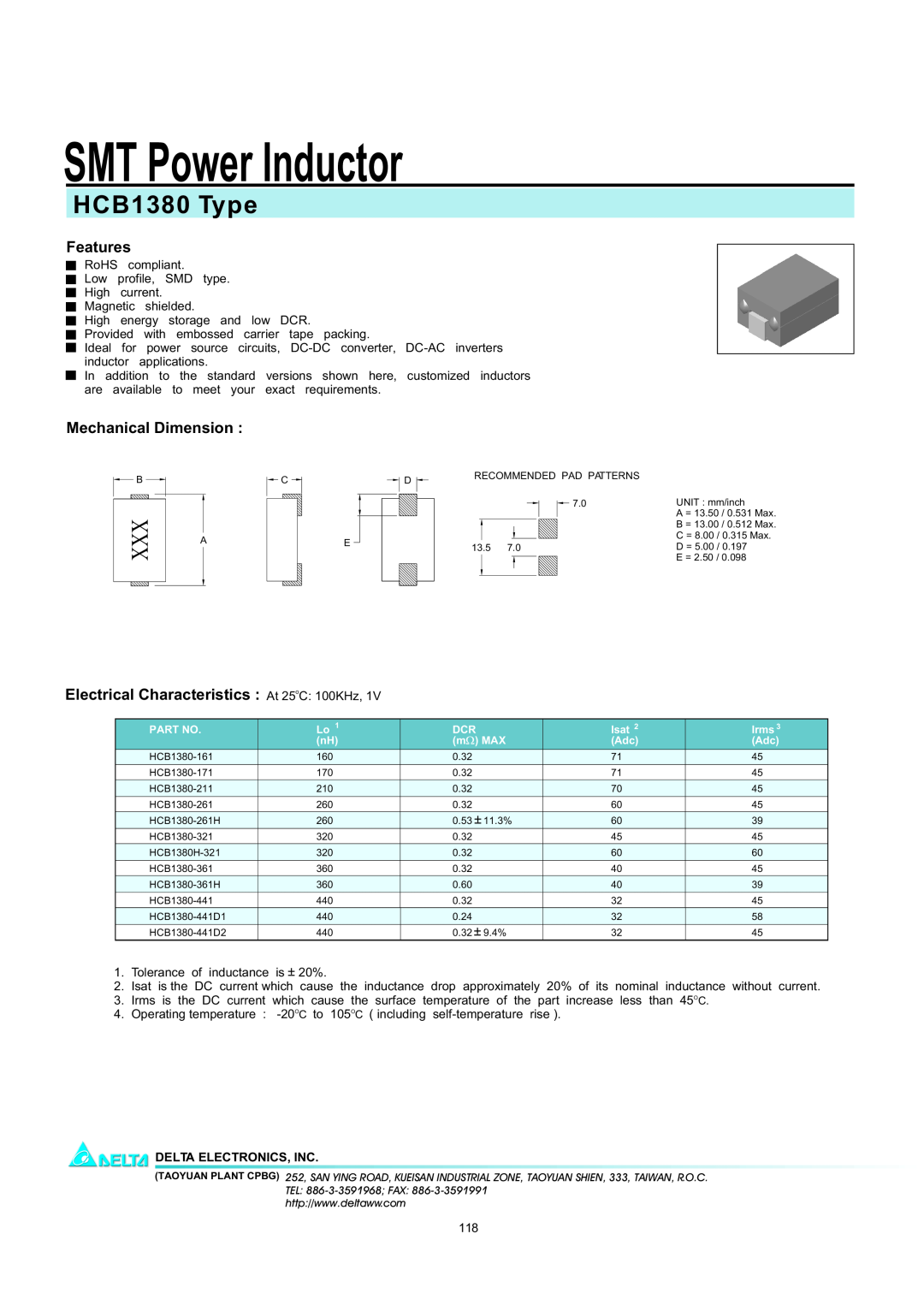 Delta Electronics manual SMT Power Inductor, HCB1380 Type, Features, Mechanical Dimension, Delta Electronics, Inc 