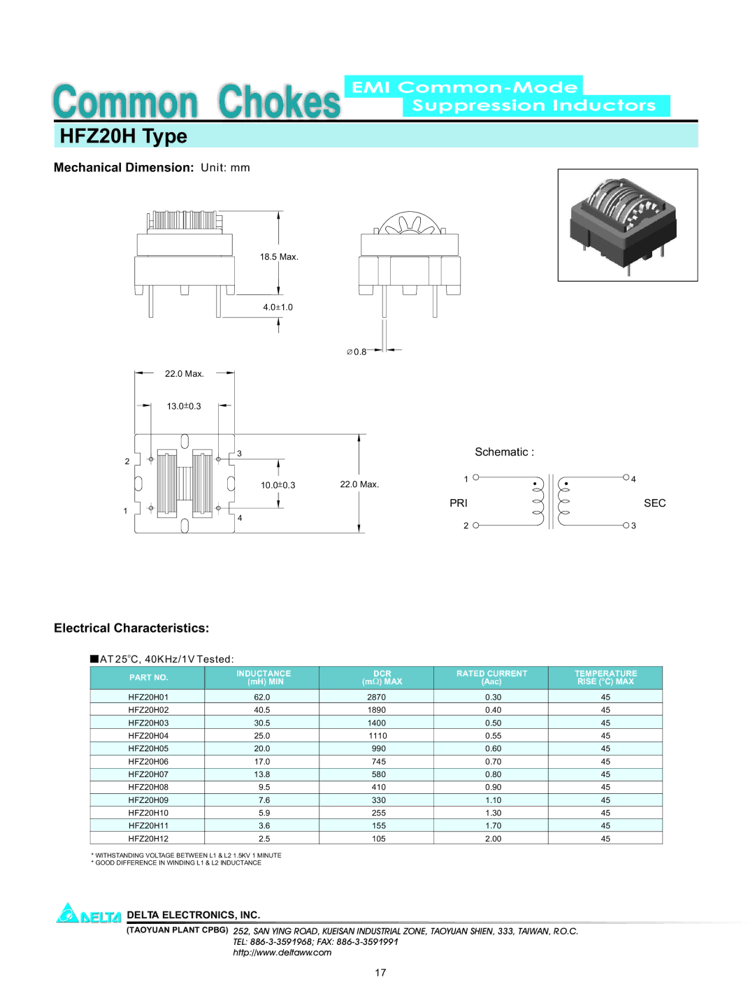 Delta Electronics dimensions HFZ20H Type, Mechanical Dimension Unit mm, Electrical Characteristics 