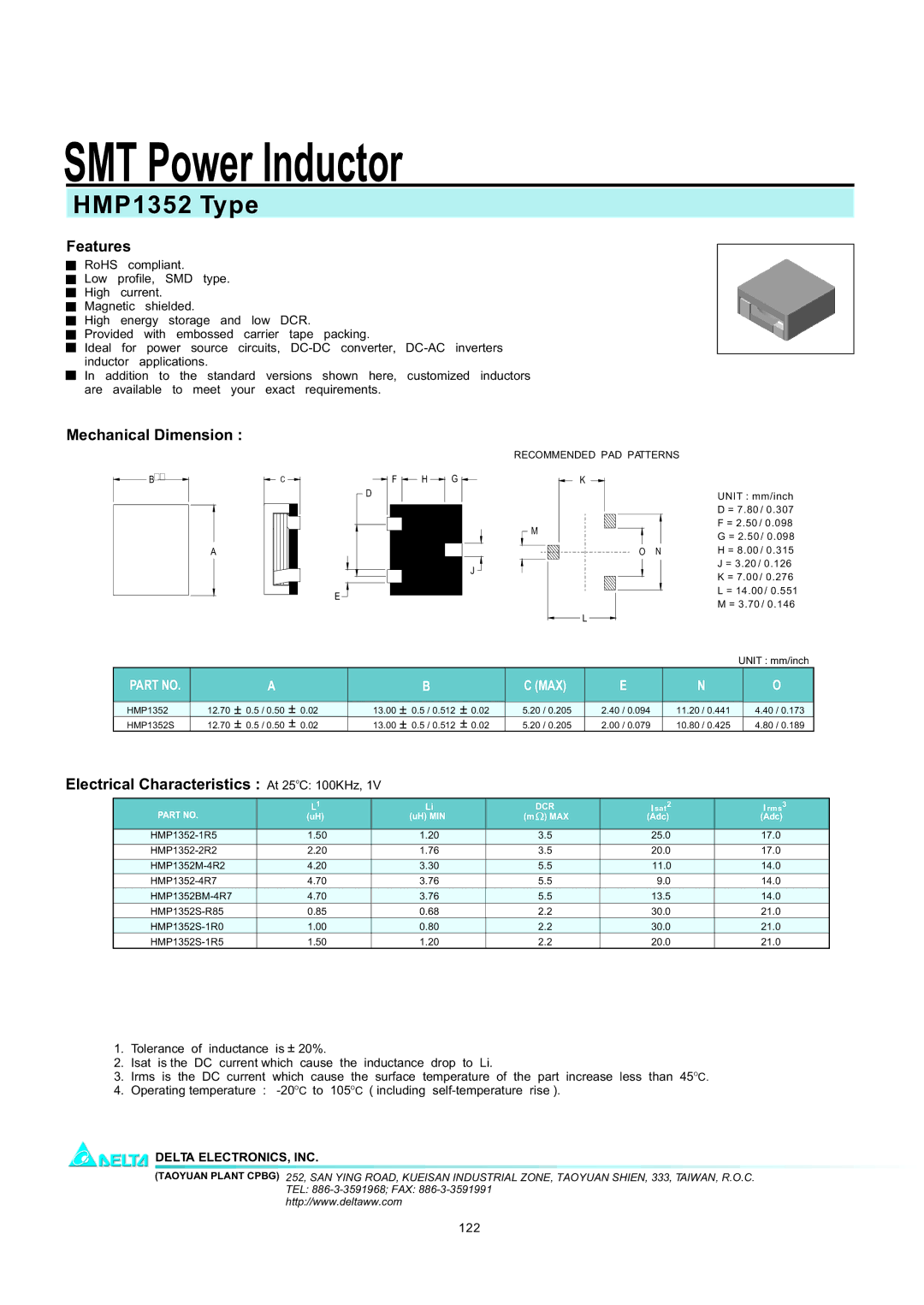 Delta Electronics manual SMT Power Inductor, HMP1352 Type, Features, Mechanical Dimension 