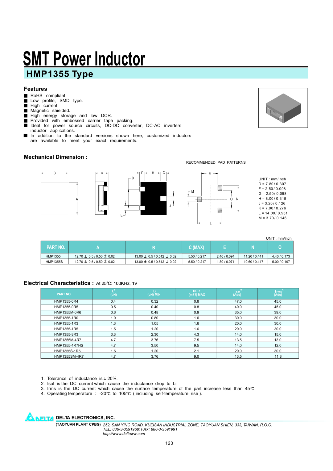 Delta Electronics manual SMT Power Inductor, HMP1355 Type, Features, Mechanical Dimension, C Max 