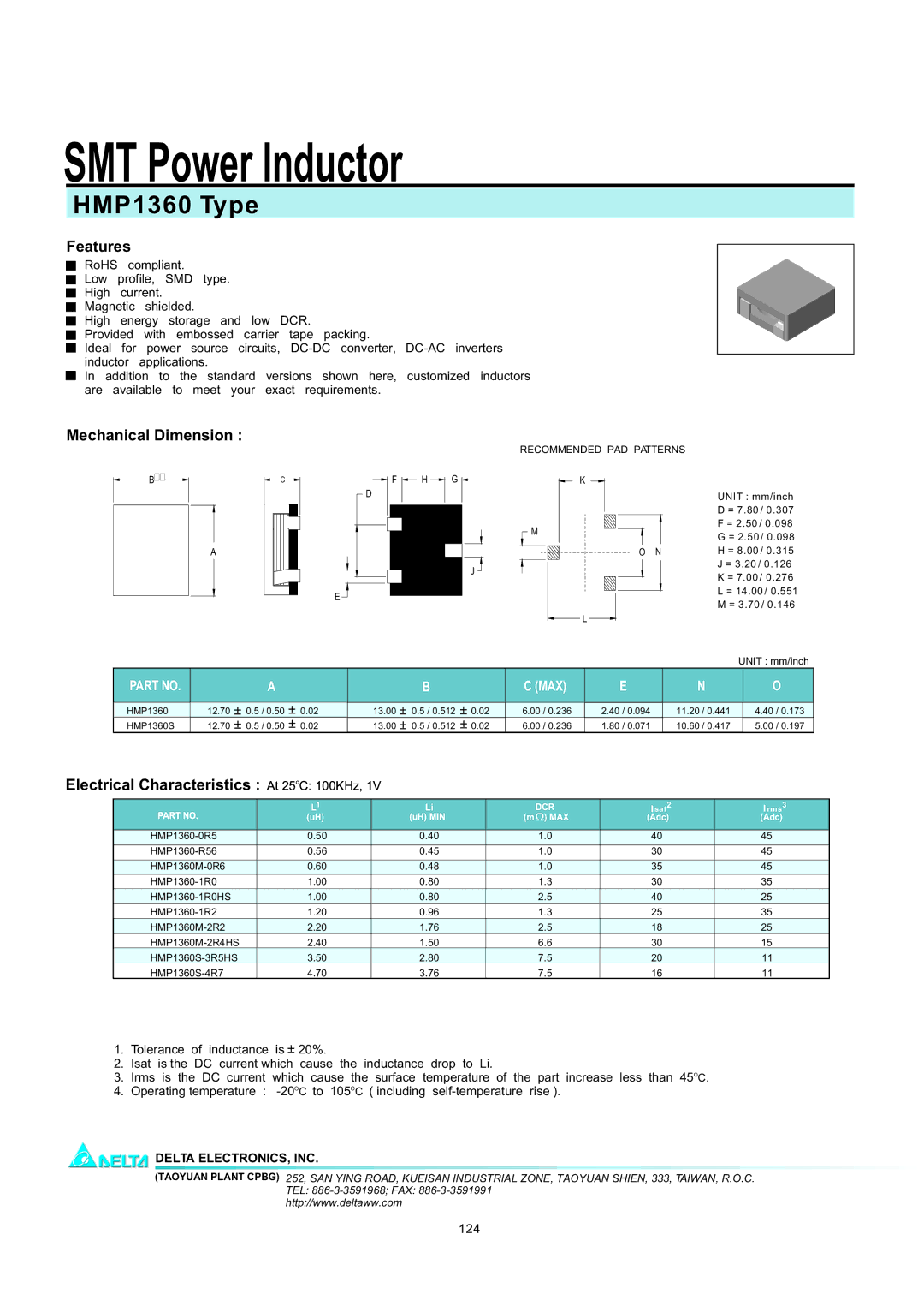 Delta Electronics manual SMT Power Inductor, HMP1360 Type, Features, Mechanical Dimension 