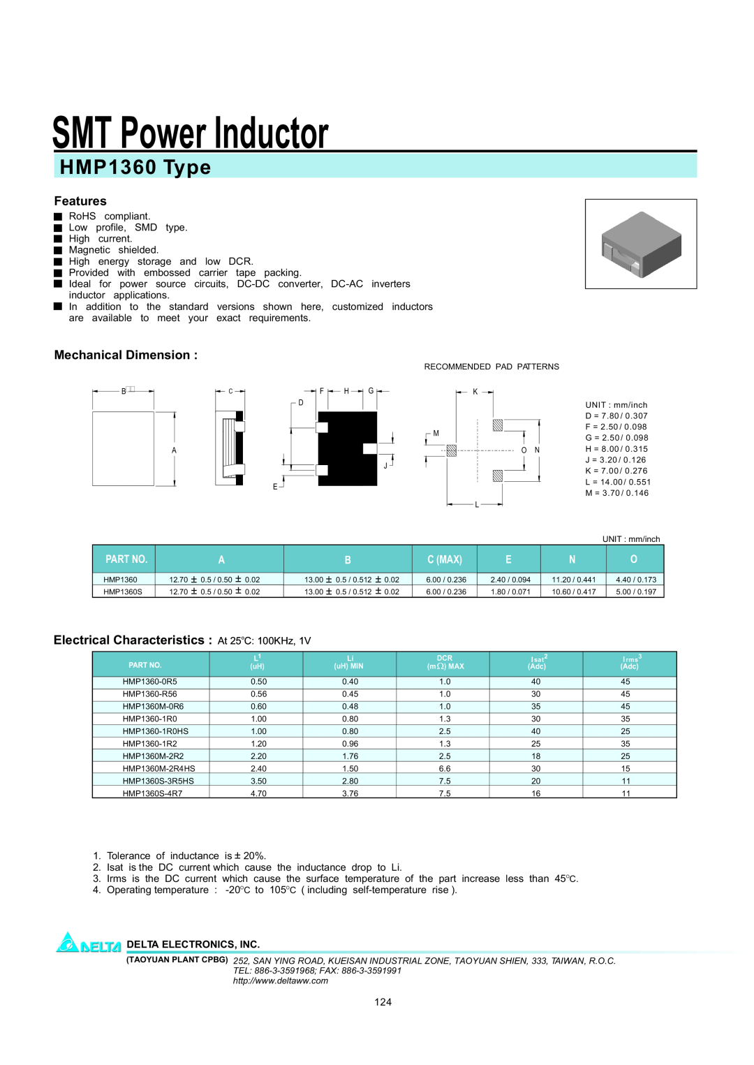 Delta Electronics manual SMT Power Inductor, HMP1360 Type, Features, Mechanical Dimension, C Max 