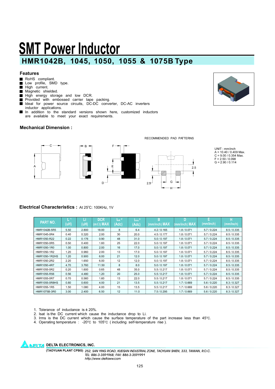 Delta Electronics HMR1055, HMR1075B, HMR1050 manual SMT Power Inductor, HMR1042B, 1045, 1050, 1055 & 1075B Type, Features 