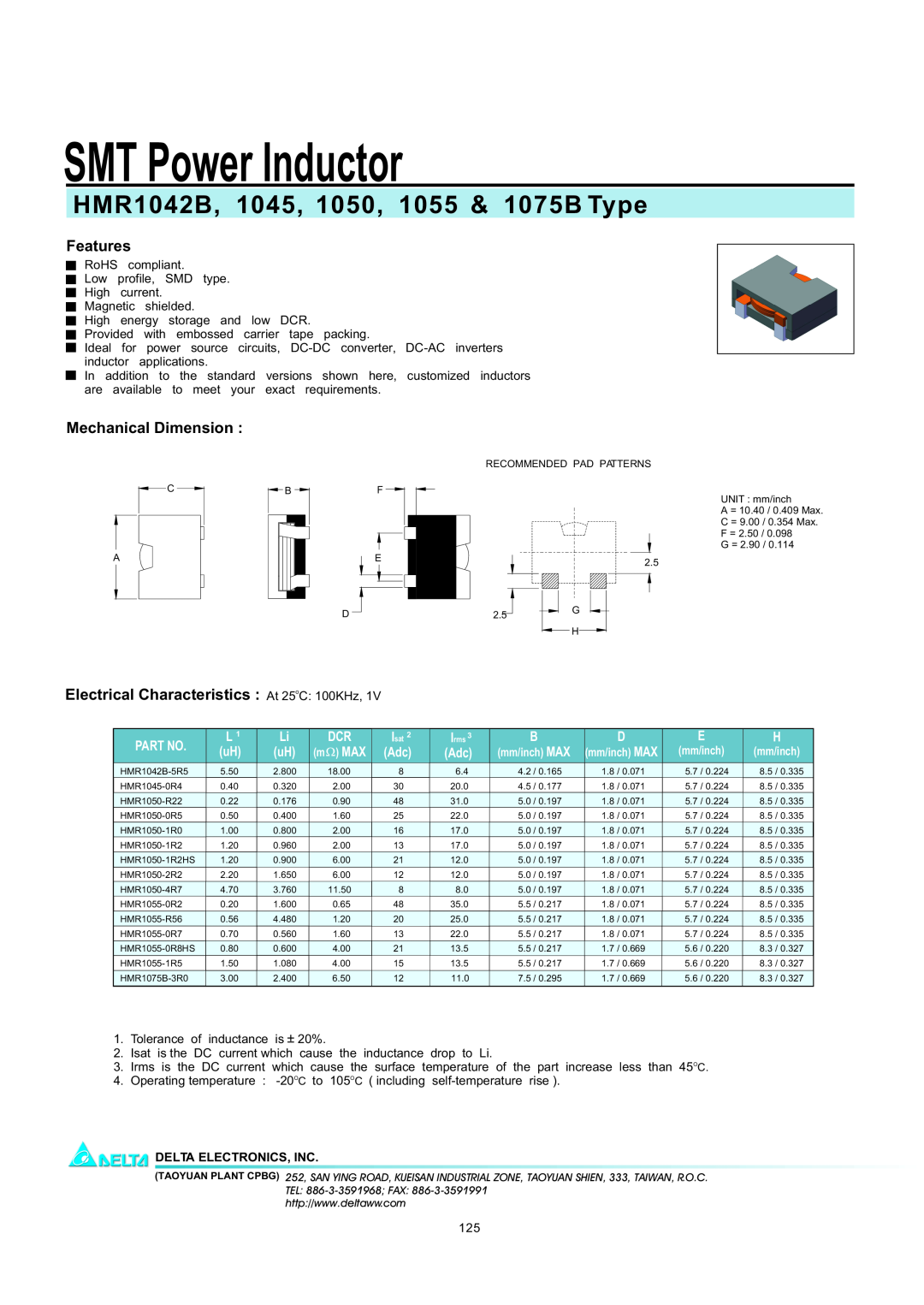 Delta Electronics HMR1055, HMR1075B manual SMT Power Inductor, HMR1042B, 1045, 1050, 1055 & 1075B Type, Features, L 
