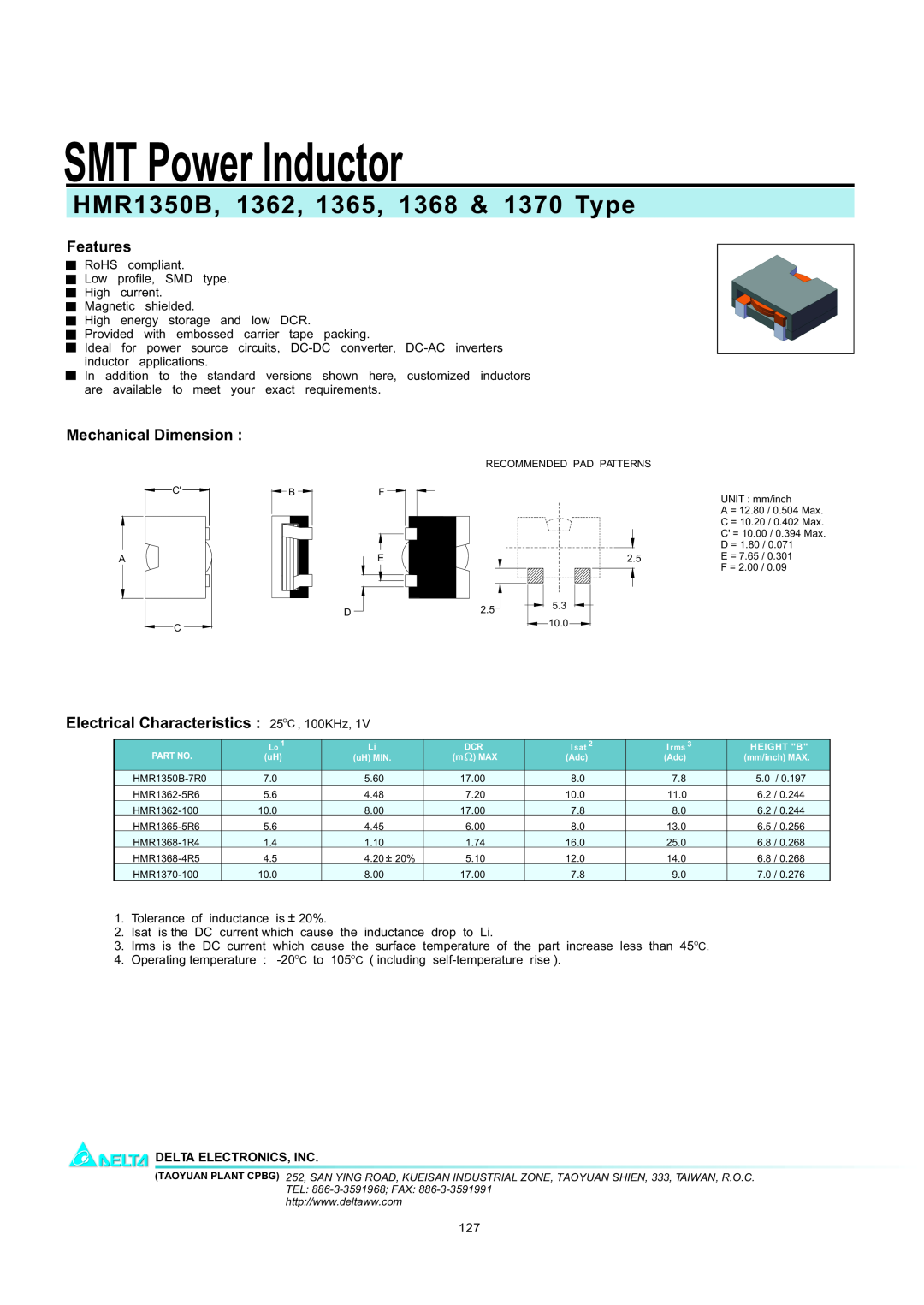 Delta Electronics manual SMT Power Inductor, HMR1350B, 1362, 1365, 1368 & 1370 Type, Features, Mechanical Dimension 