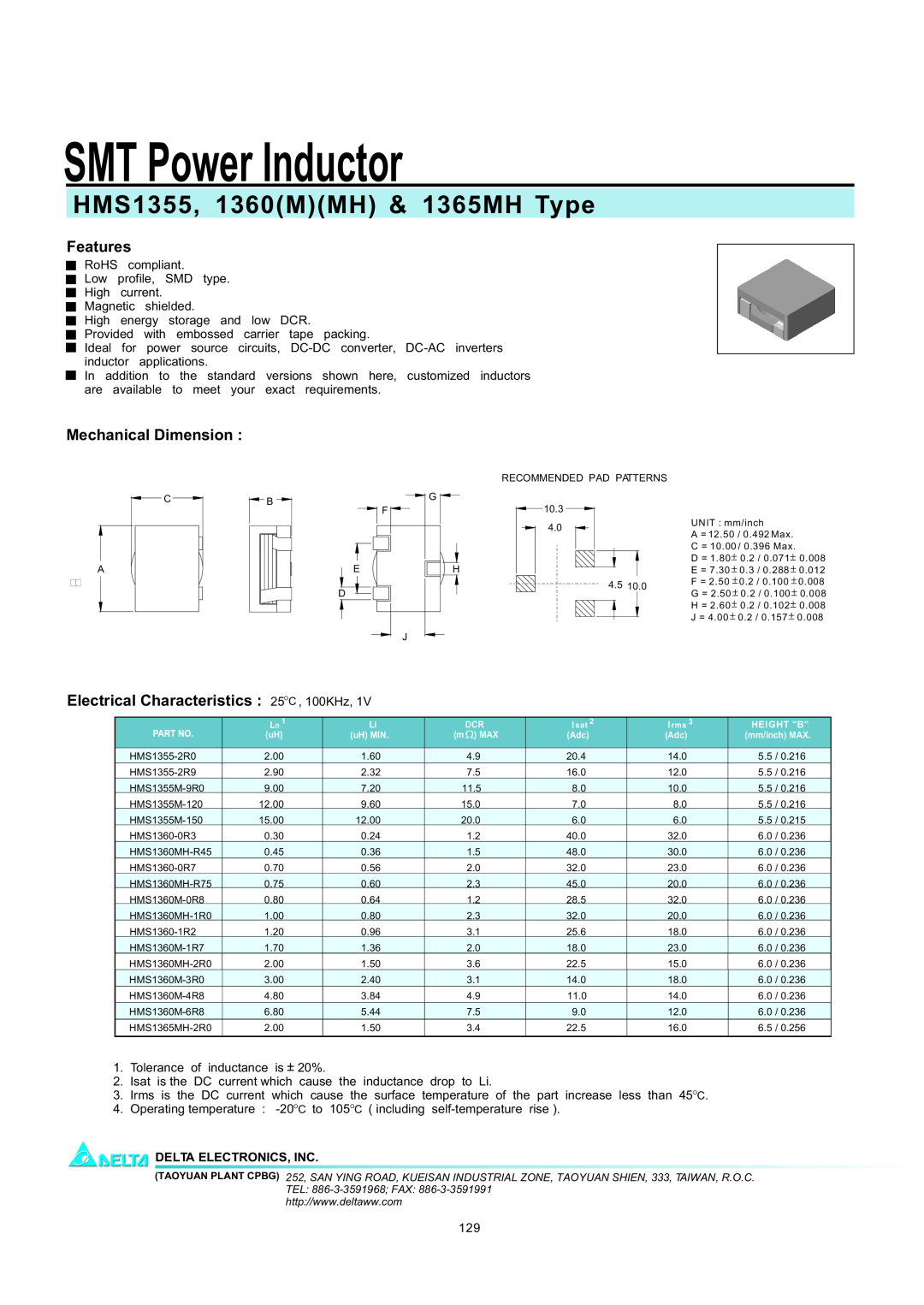 Delta Electronics HMS1365MH manual SMT Power Inductor, HMS1355, 1360MMH & 1365MH Type, Features, Mechanical Dimension 