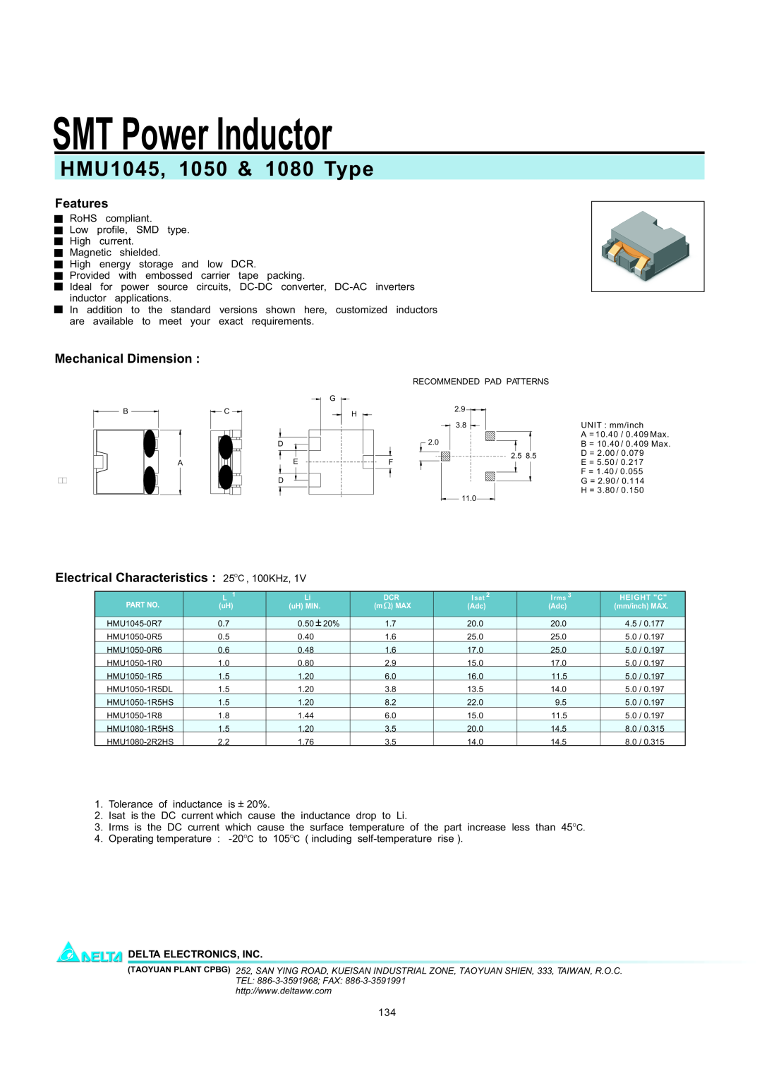 Delta Electronics manual SMT Power Inductor, HMU1045, 1050 & 1080 Type, Features, Mechanical Dimension 
