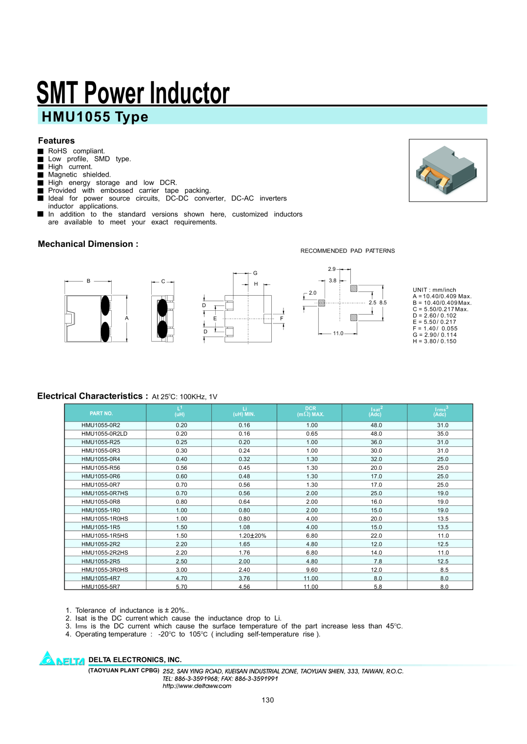 Delta Electronics manual SMT Power Inductor, HMU1055 Type, Features, Mechanical Dimension, Delta Electronics, Inc 