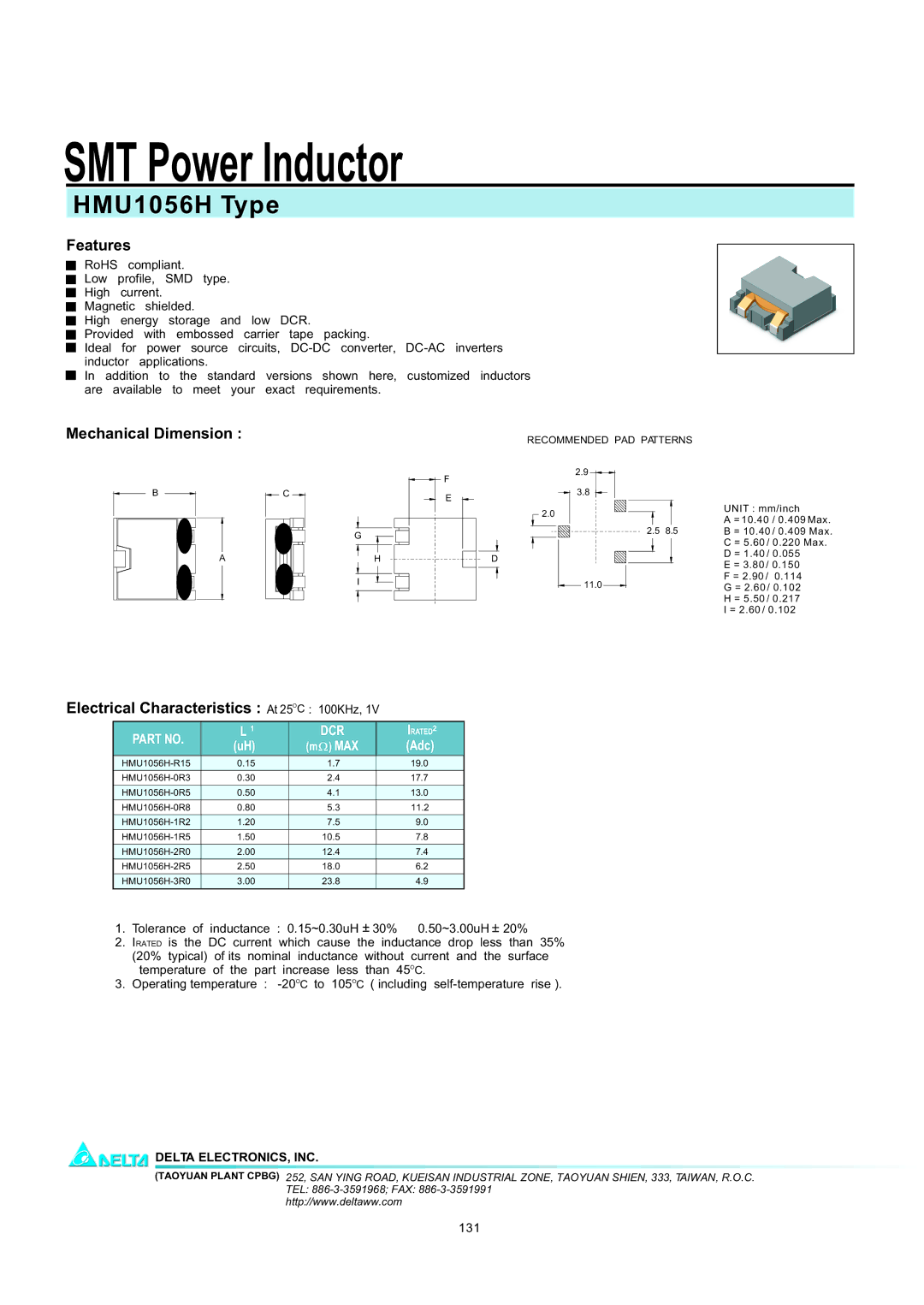 Delta Electronics manual SMT Power Inductor, HMU1056H Type, Features, Electrical Characteristics At 25OC 100KHz, Dcr 