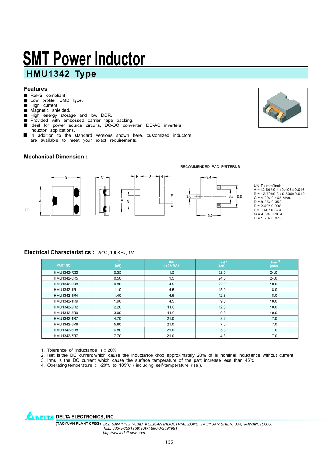 Delta Electronics manual SMT Power Inductor, HMU1342 Type, Features, Mechanical Dimension, Delta Electronics, Inc 