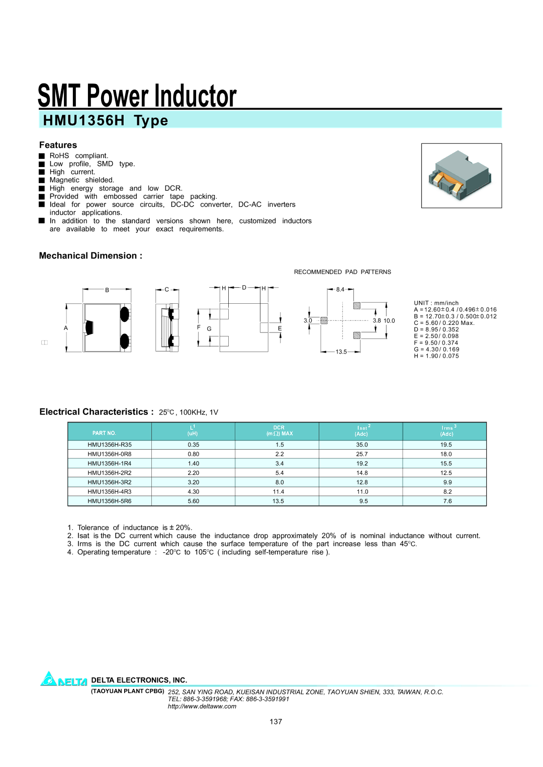 Delta Electronics manual SMT Power Inductor, HMU1356H Type, Features, Mechanical Dimension 