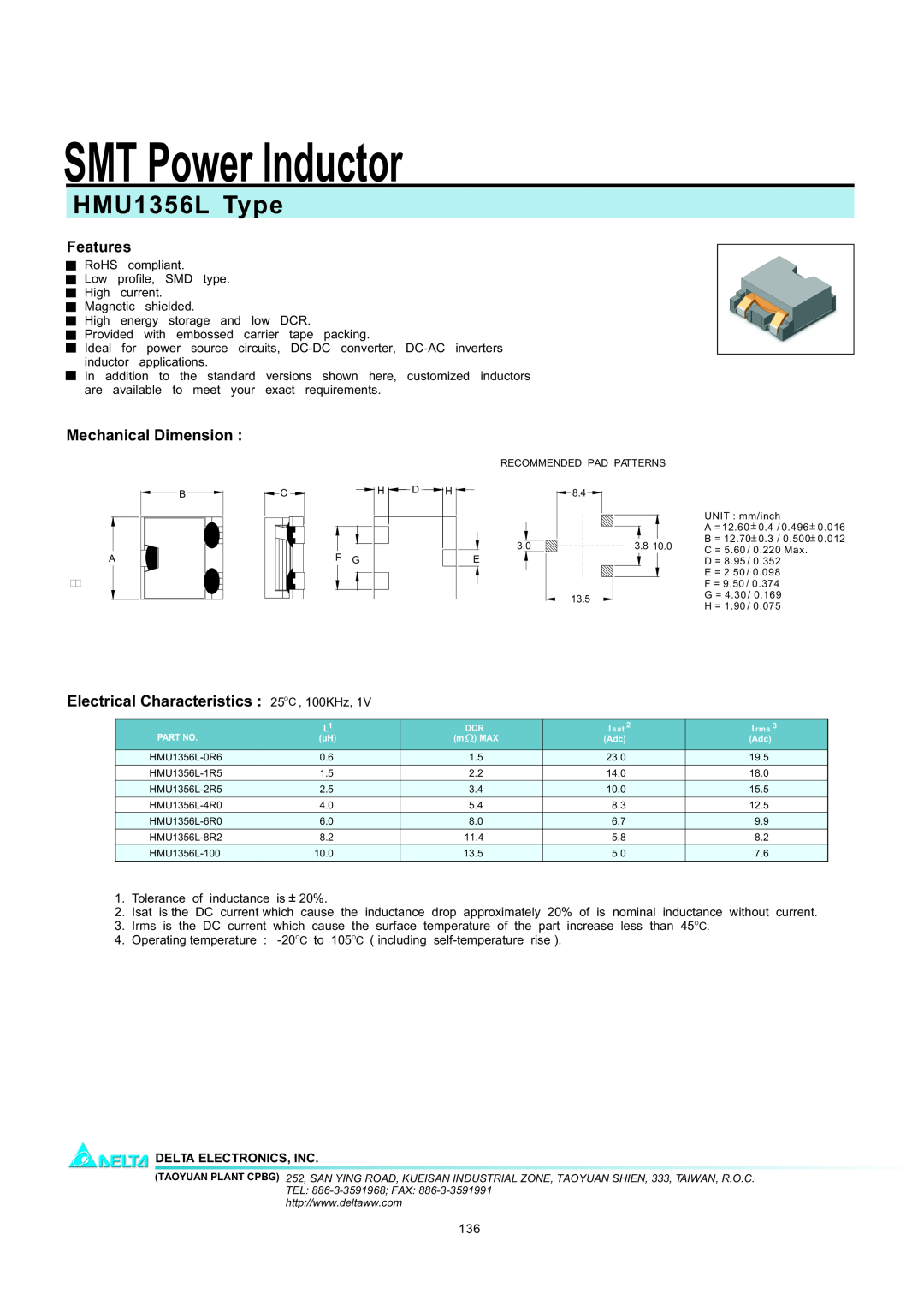 Delta Electronics manual SMT Power Inductor, HMU1356L Type, Features, Mechanical Dimension, Delta Electronics, Inc 