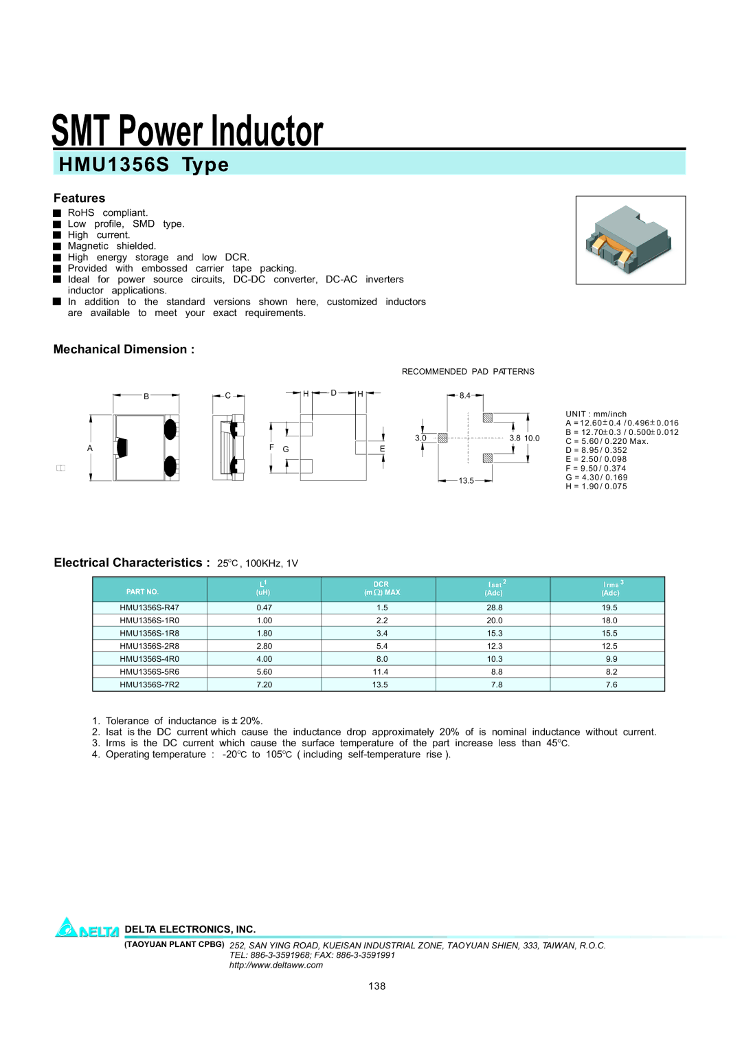 Delta Electronics manual SMT Power Inductor, HMU1356S Type, Features, Mechanical Dimension 