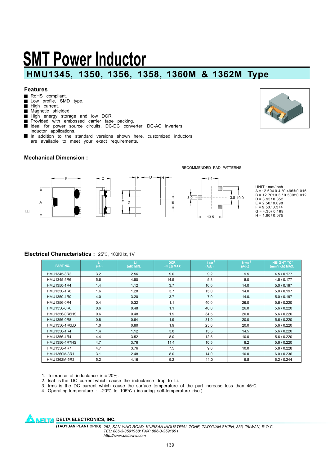 Delta Electronics HMU1360M, HMU1362M manual SMT Power Inductor, HMU1345, 1350, 1356, 1358, 1360M & 1362M Type, Features 
