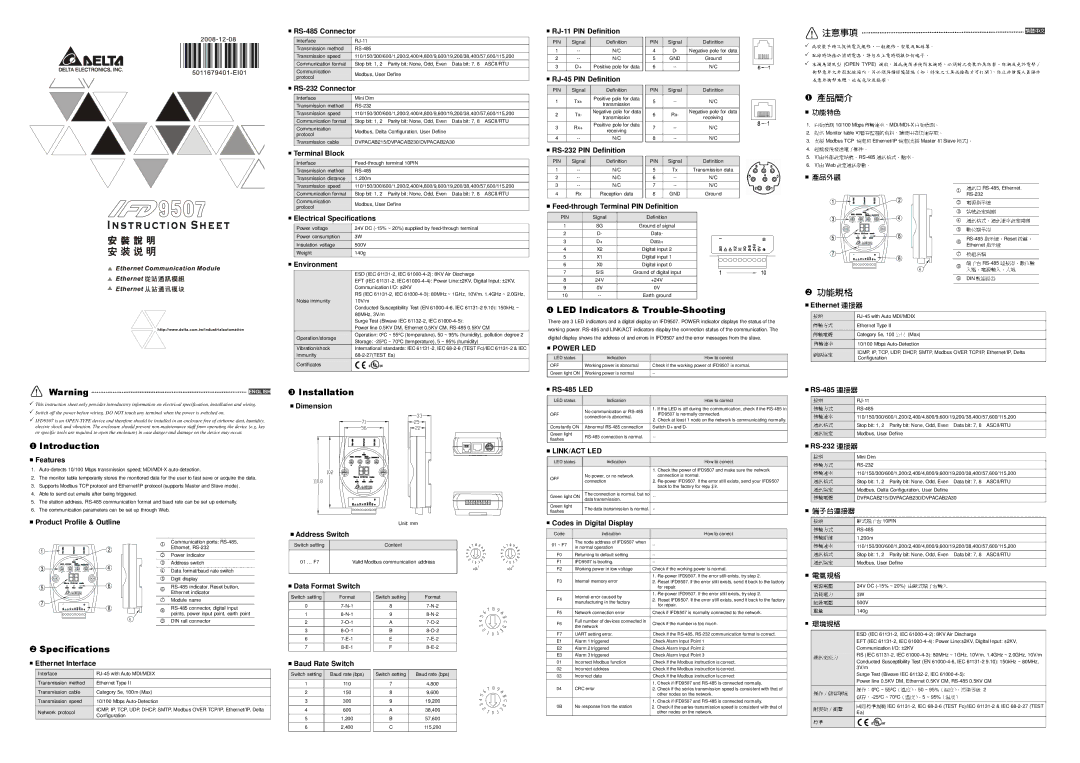 Delta Electronics IFD9507 specifications 產品外觀 通訊口, 產品簡介 傳輸速率， 自動偵測。, 協定和 協定 支援, 按鍵、, 端子台, 模式 。, 電源指, 站號設定開關, 數位顯 指示燈、 模組名稱 