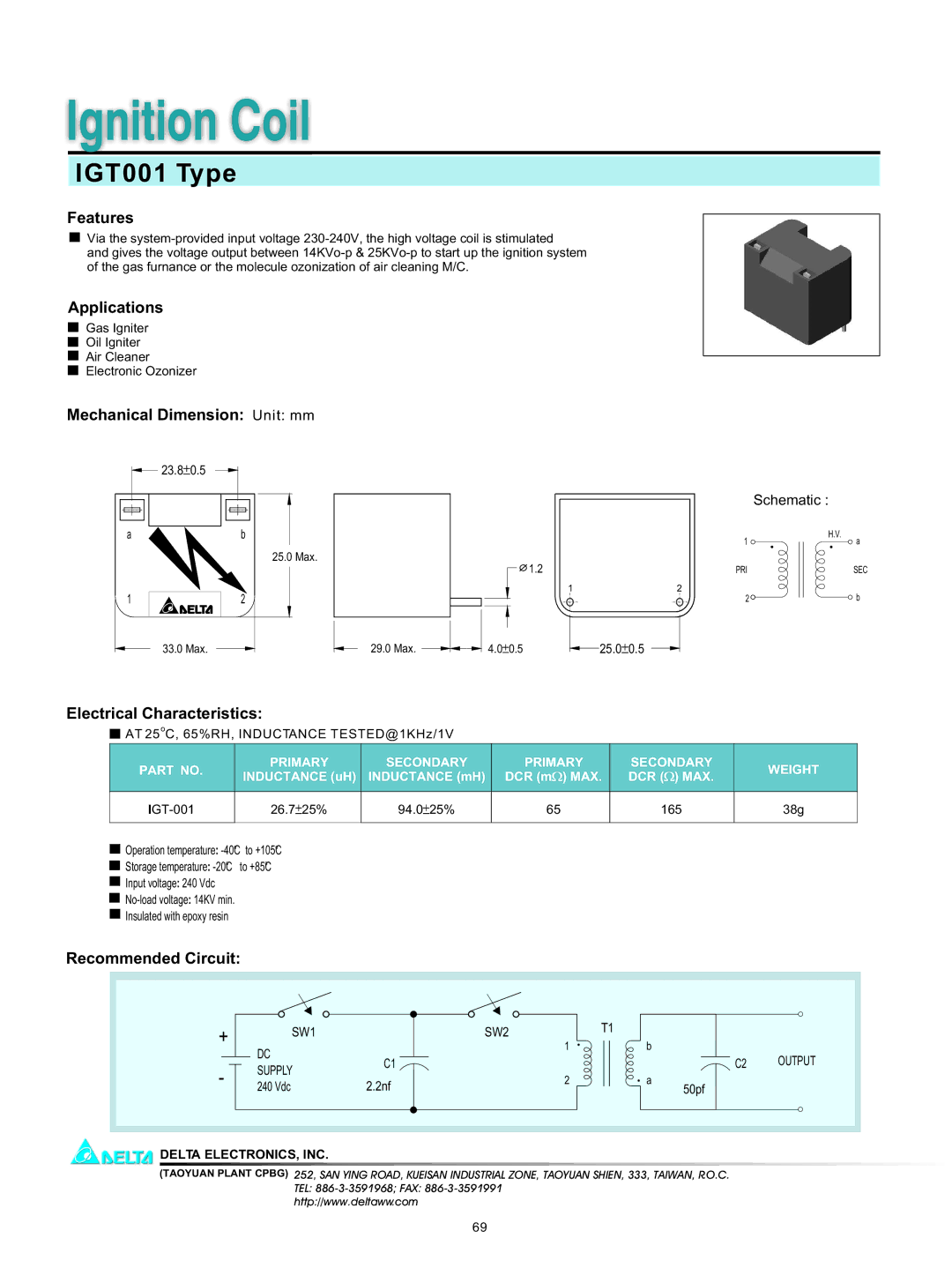 Delta Electronics manual Ignition Coil, IGT001 Type 