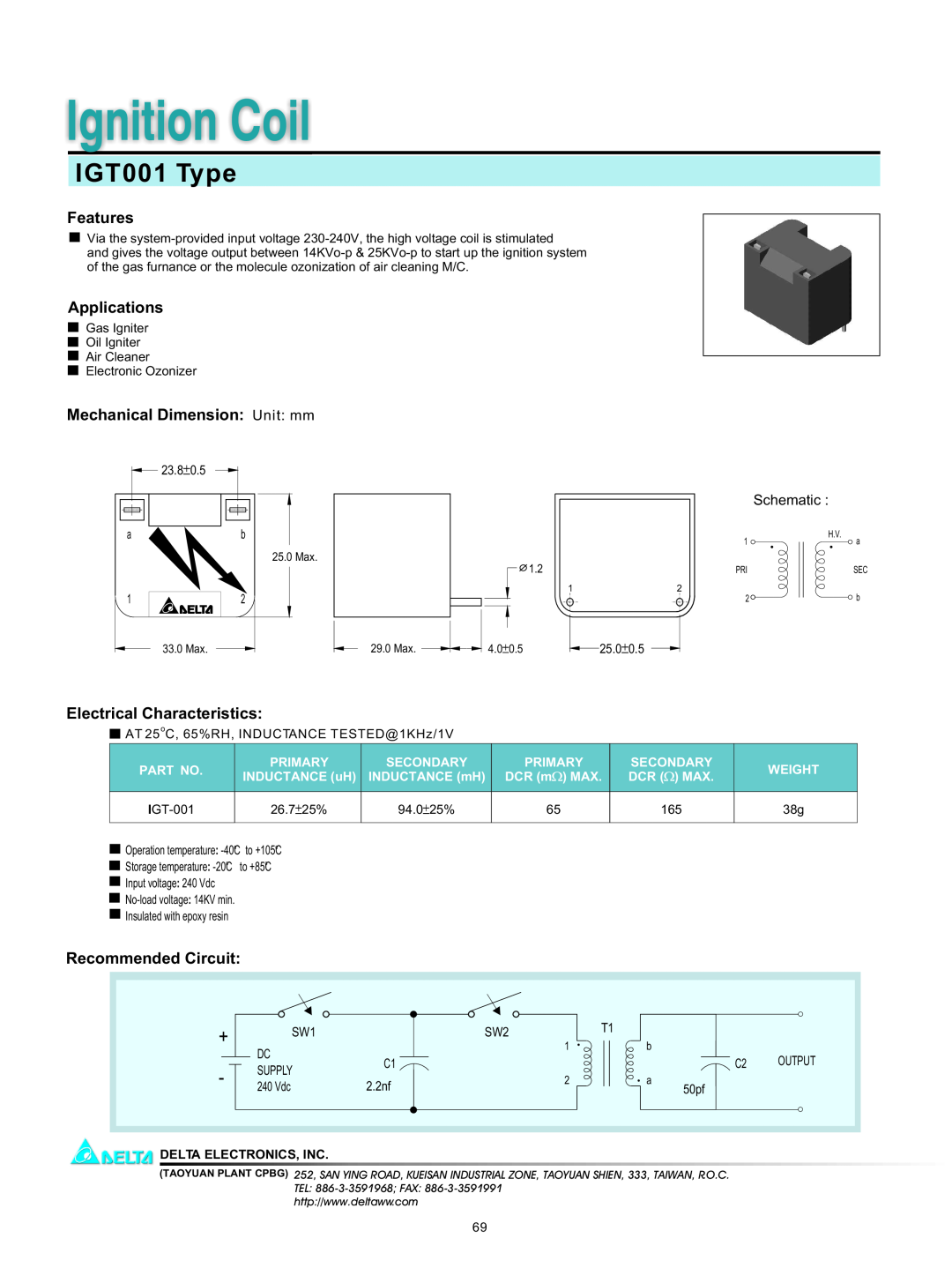 Delta Electronics manual Ignition Coil, IGT001 Type, Features, Applications, Mechanical Dimension Unit mm, Schematic 