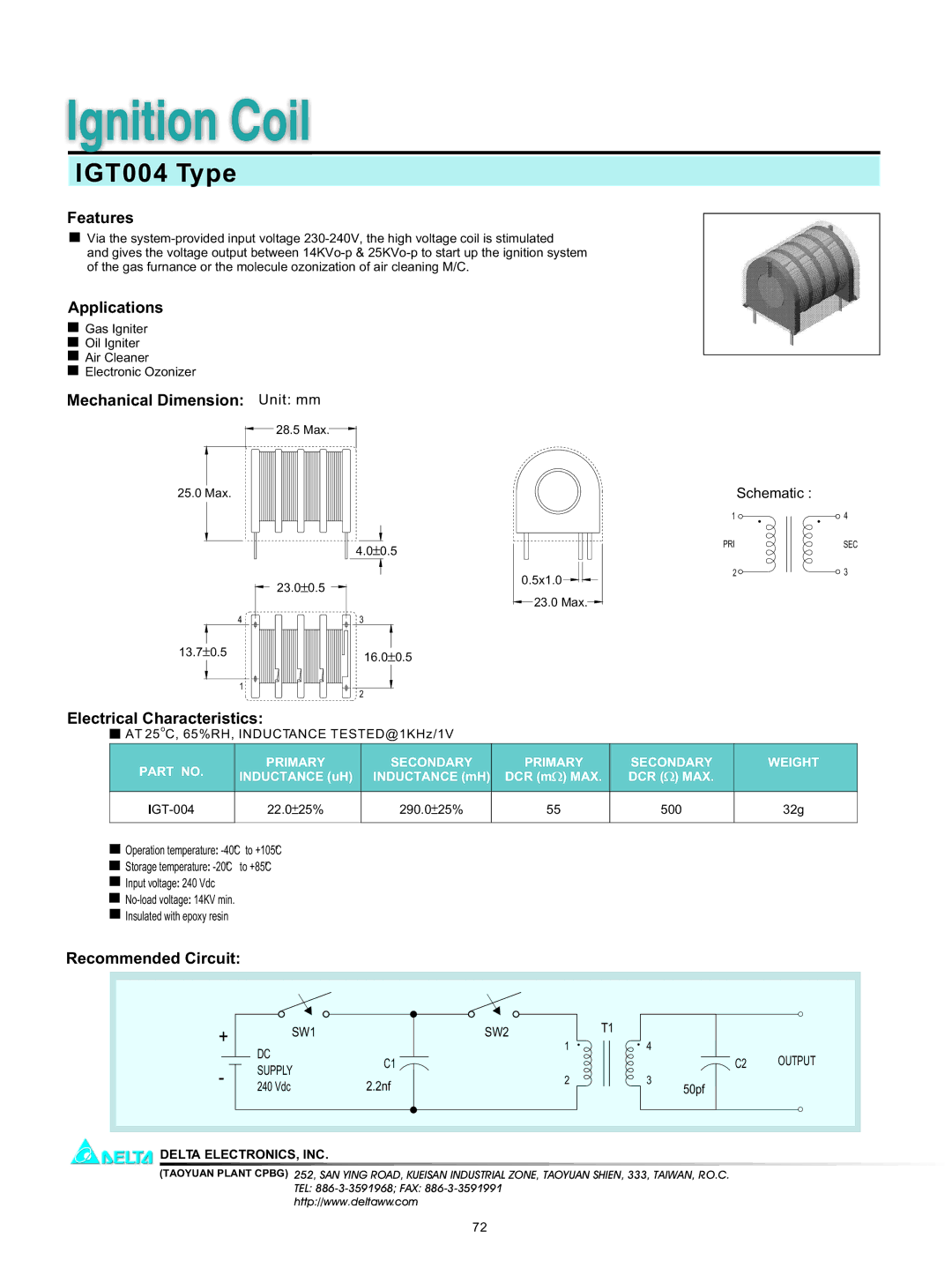 Delta Electronics manual Ignition Coil, IGT004 Type 