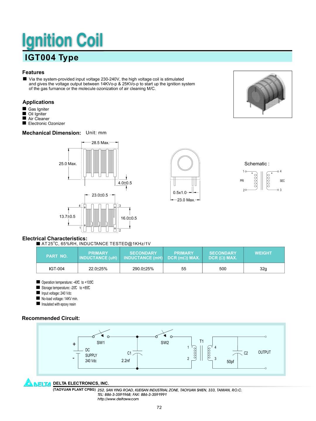 Delta Electronics manual Ignition Coil, IGT004 Type, Features, Applications, Mechanical Dimension Unit mm, Schematic 