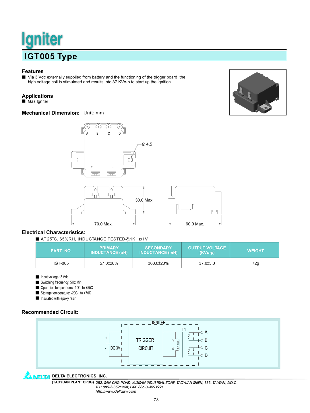 Delta Electronics manual Igniter, IGT005 Type 