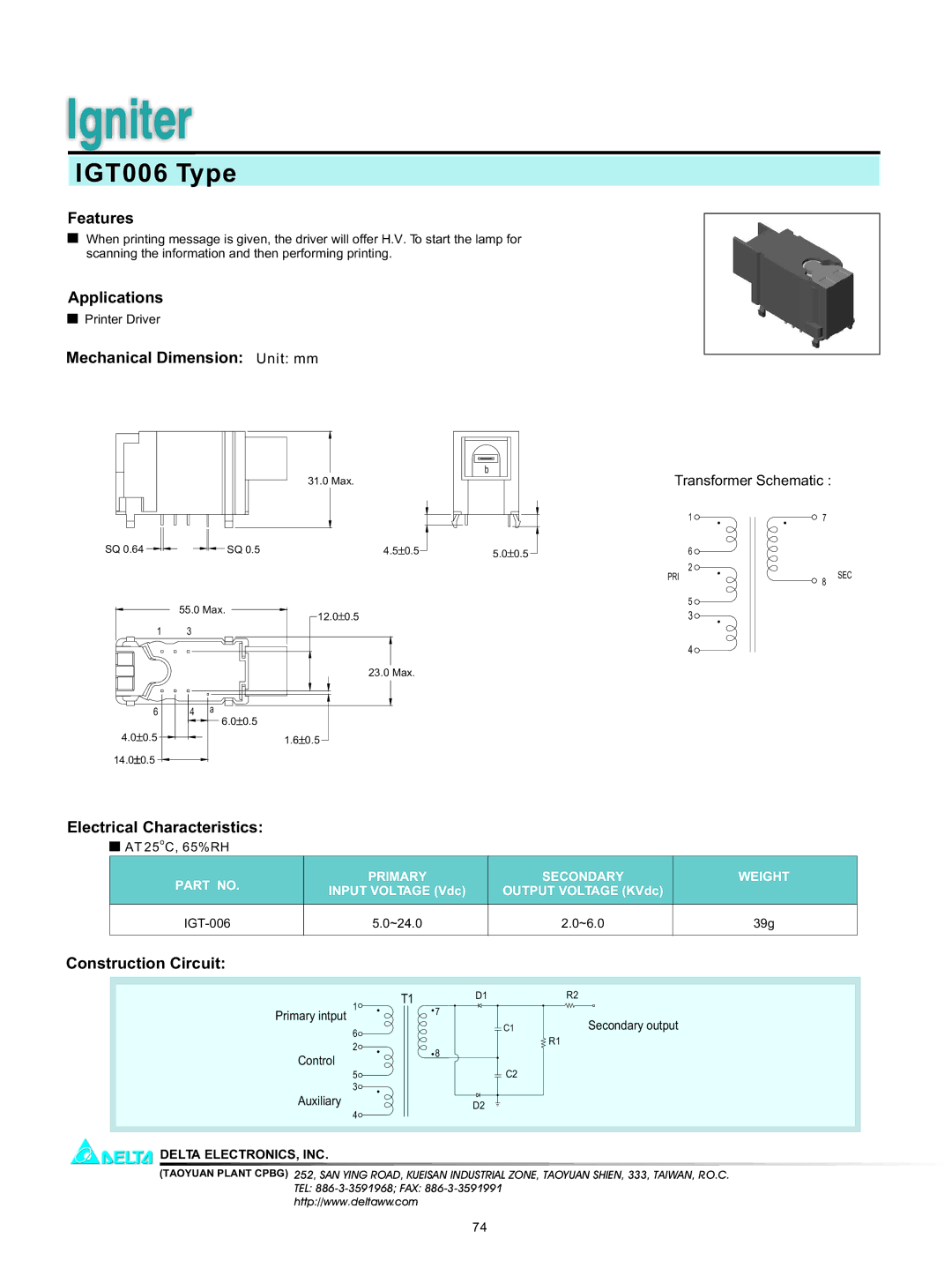 Delta Electronics manual Igniter, IGT006 Type 