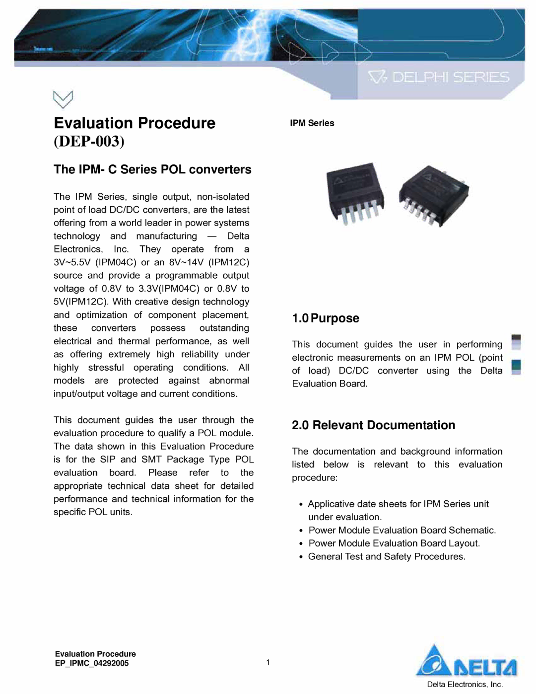 Delta Electronics manual IPM- C Series POL converters, Purpose, Relevant Documentation 